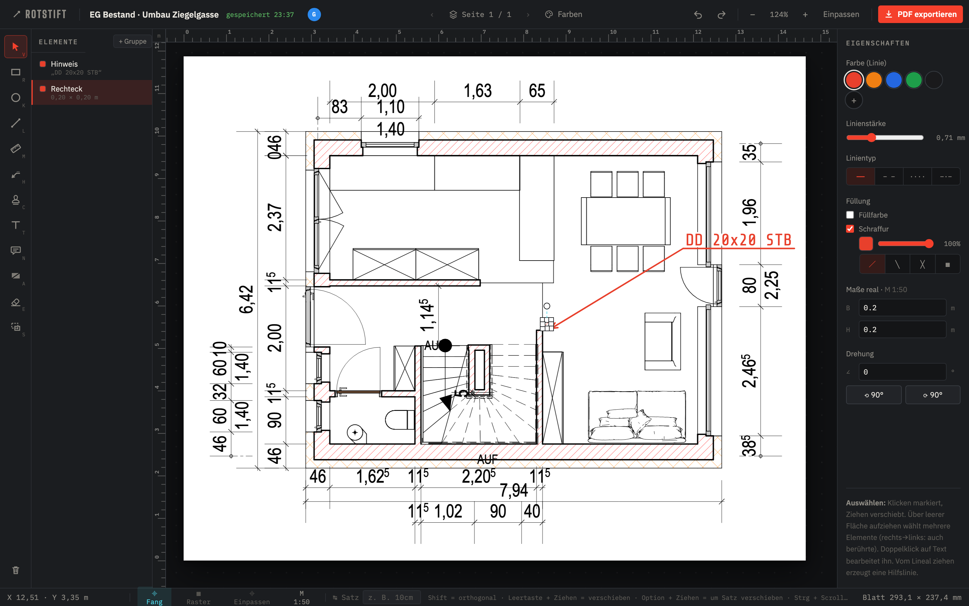 Rotstift im Einsatz: Grundriss mit ausgewähltem, schraffiertem Deckendurchbruch, Hinweispfeil „DD 20x20 STB“, Element-Explorer links und Eigenschaften mit realen Maßen rechts